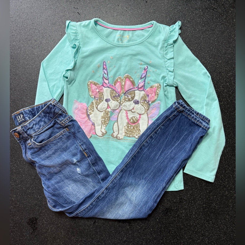 Kids Unicorn Dog Shirt and GAP girlfriend jeans